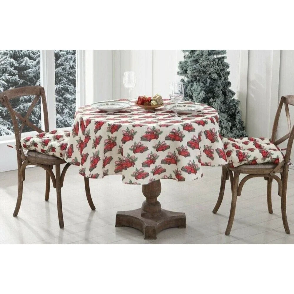 Christmas Red Farm Truck Fabric Tablecloth Country Cabin Farm 60